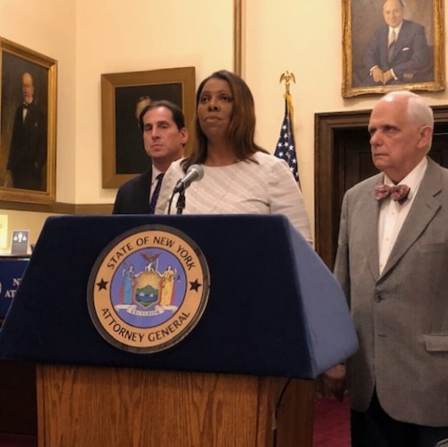 State Attorney General Tish James, seen with Sen. Todd Kaminsky, left, and Assemblyman Joe Lentol, speaks after the state Legislature passed amendments to New York's double jeopardy law. 